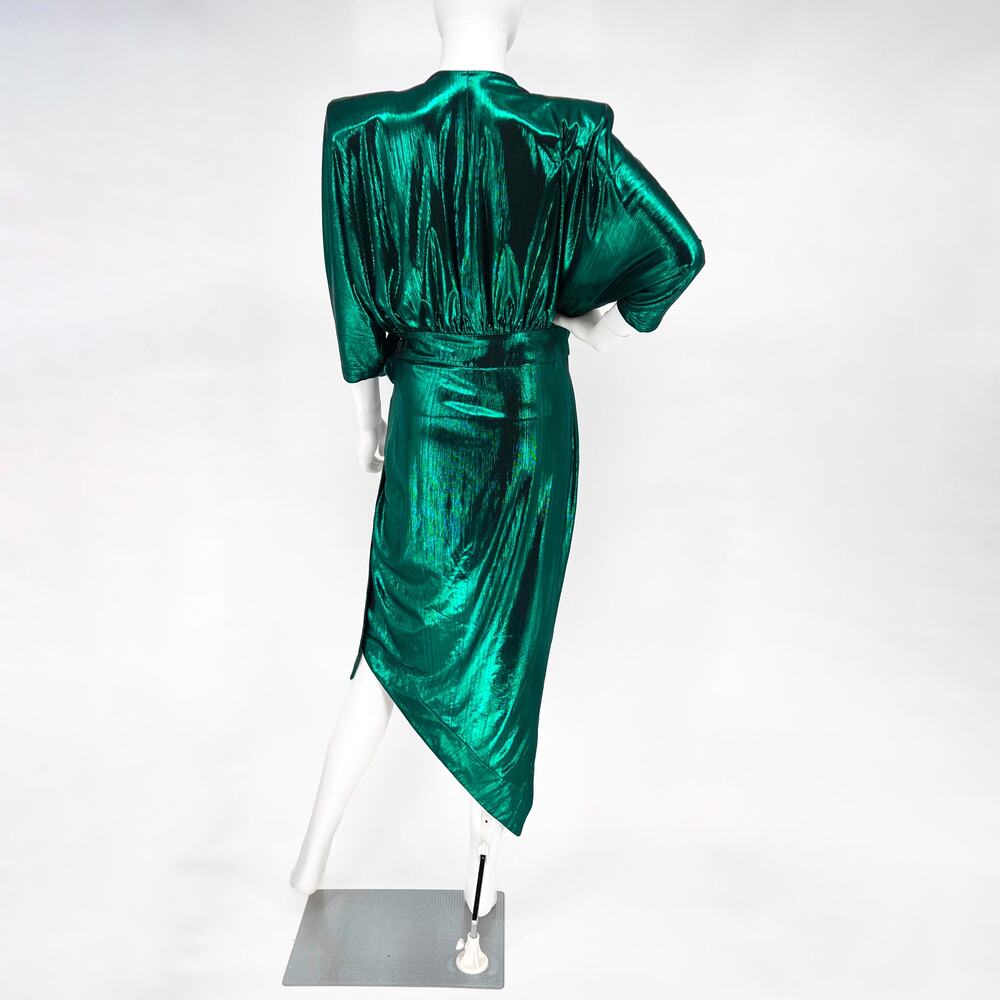 Zhivago Picture This Wrap Dress Women’s 6 Emerald Metallic Shoulder Pad Midi - Picture 5 of 5